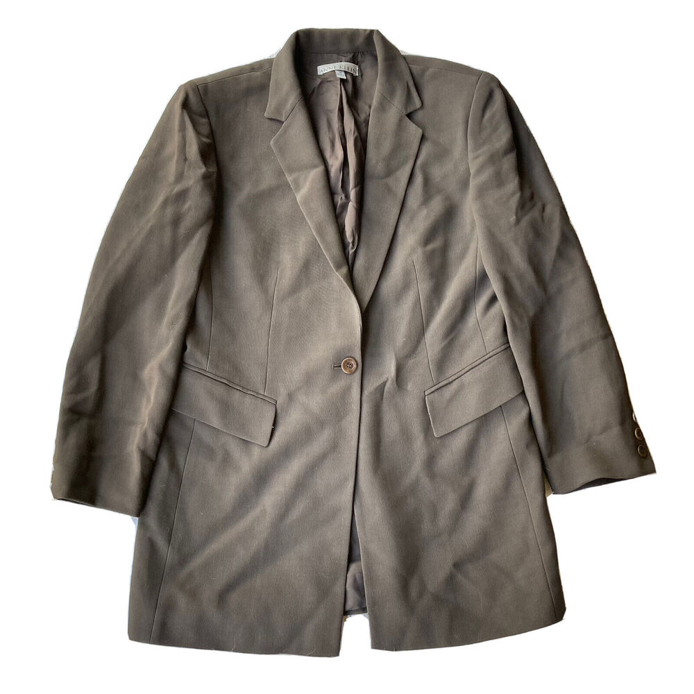 Anne Klein Blazer 10P Petite Womens Brown Wool Blend 1 Button Collared Jacket